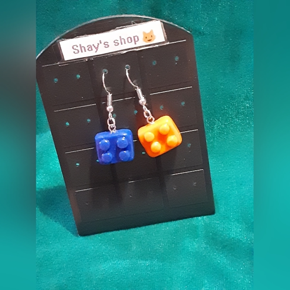 Orange and blue legos earrings